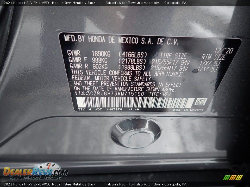2021 Honda HR-V EX-L AWD Modern Steel Metallic / Black Photo #11