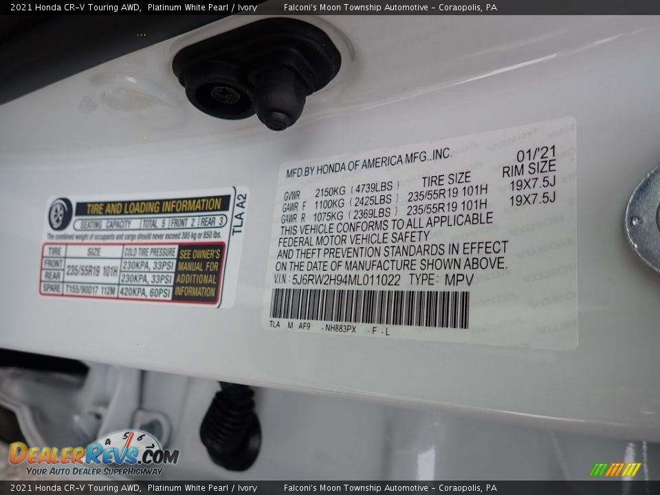 2021 Honda CR-V Touring AWD Platinum White Pearl / Ivory Photo #12
