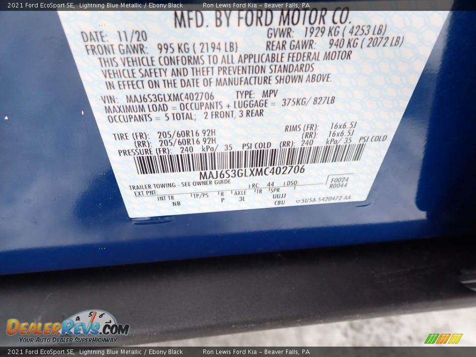 2021 Ford EcoSport SE Lightning Blue Metallic / Ebony Black Photo #15