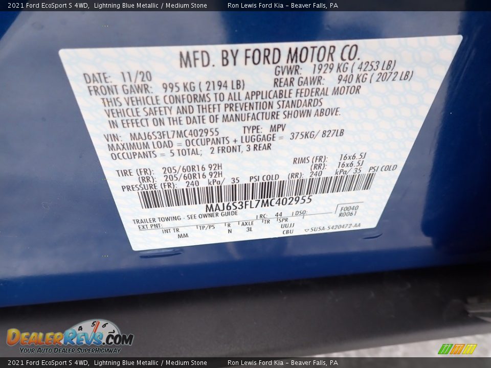 2021 Ford EcoSport S 4WD Lightning Blue Metallic / Medium Stone Photo #15