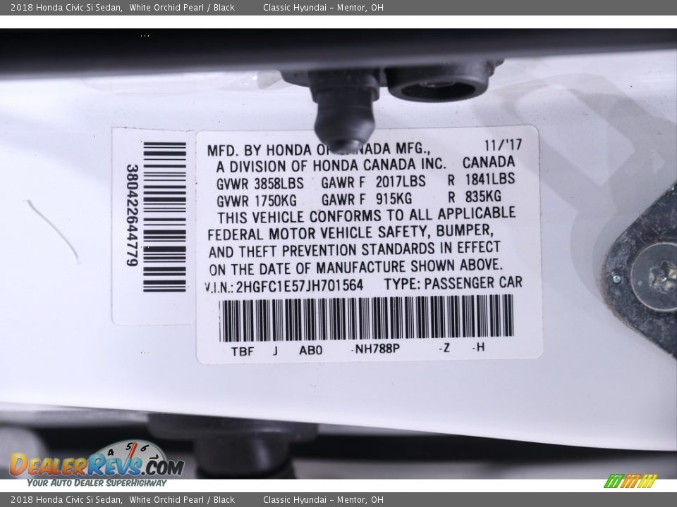 2018 Honda Civic Si Sedan White Orchid Pearl / Black Photo #22