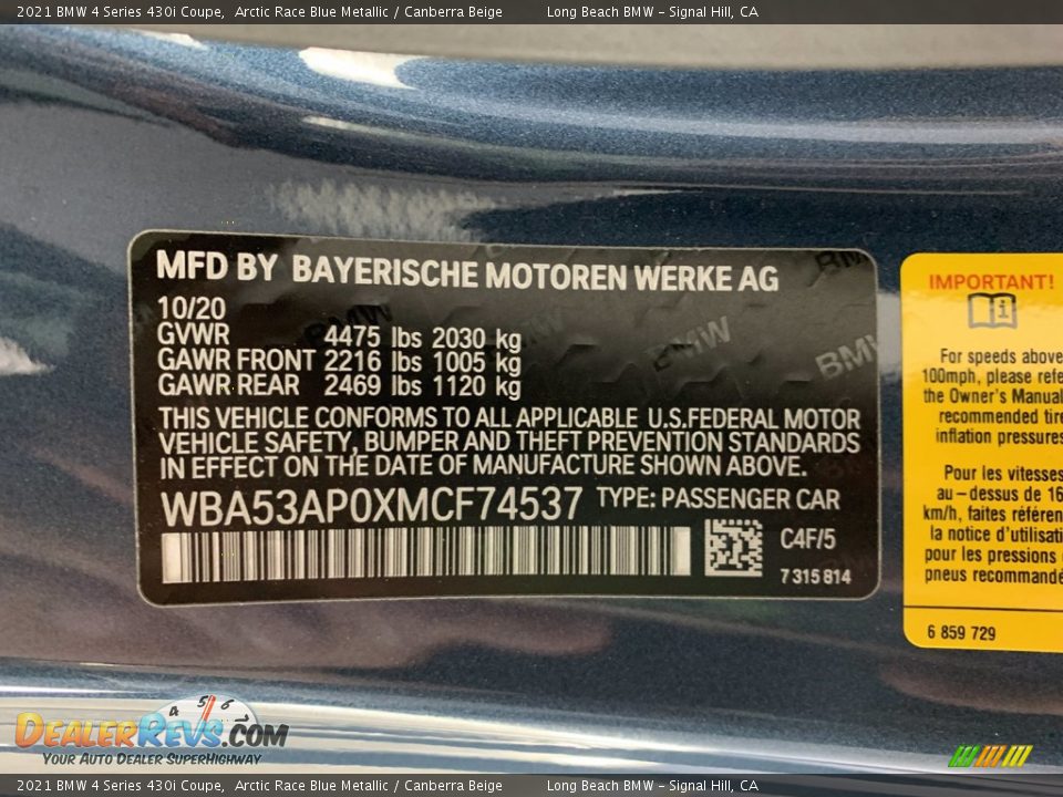2021 BMW 4 Series 430i Coupe Arctic Race Blue Metallic / Canberra Beige Photo #3