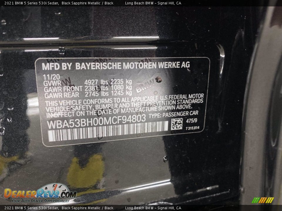 2021 BMW 5 Series 530i Sedan Black Sapphire Metallic / Black Photo #35