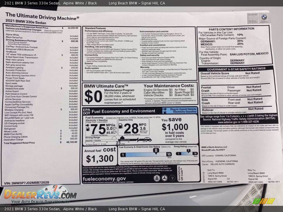 2021 BMW 3 Series 330e Sedan Alpine White / Black Photo #13