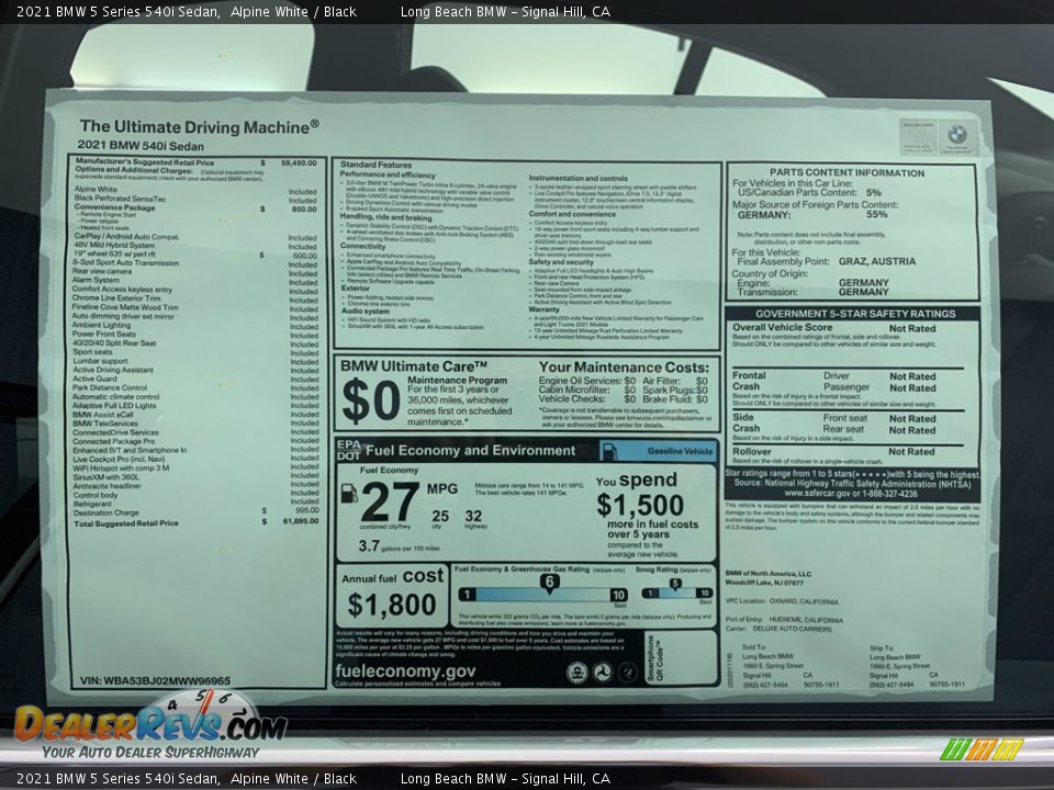 2021 BMW 5 Series 540i Sedan Alpine White / Black Photo #2