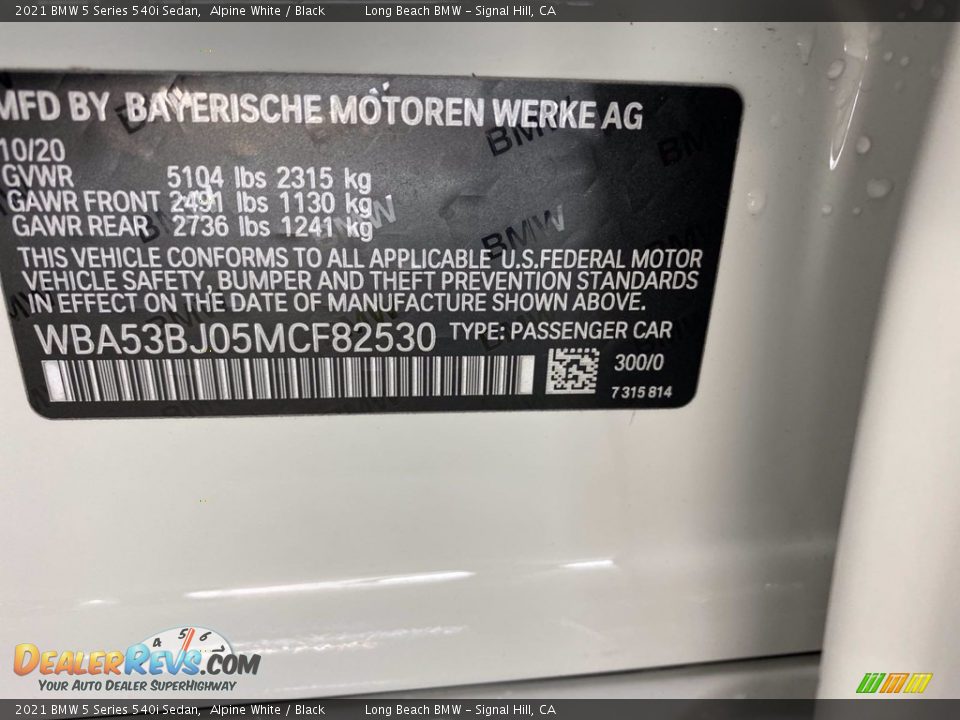 2021 BMW 5 Series 540i Sedan Alpine White / Black Photo #24