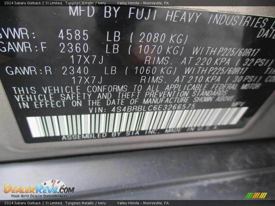 2014 Subaru Outback 2.5i Limited Tungsten Metallic / Ivory Photo #19