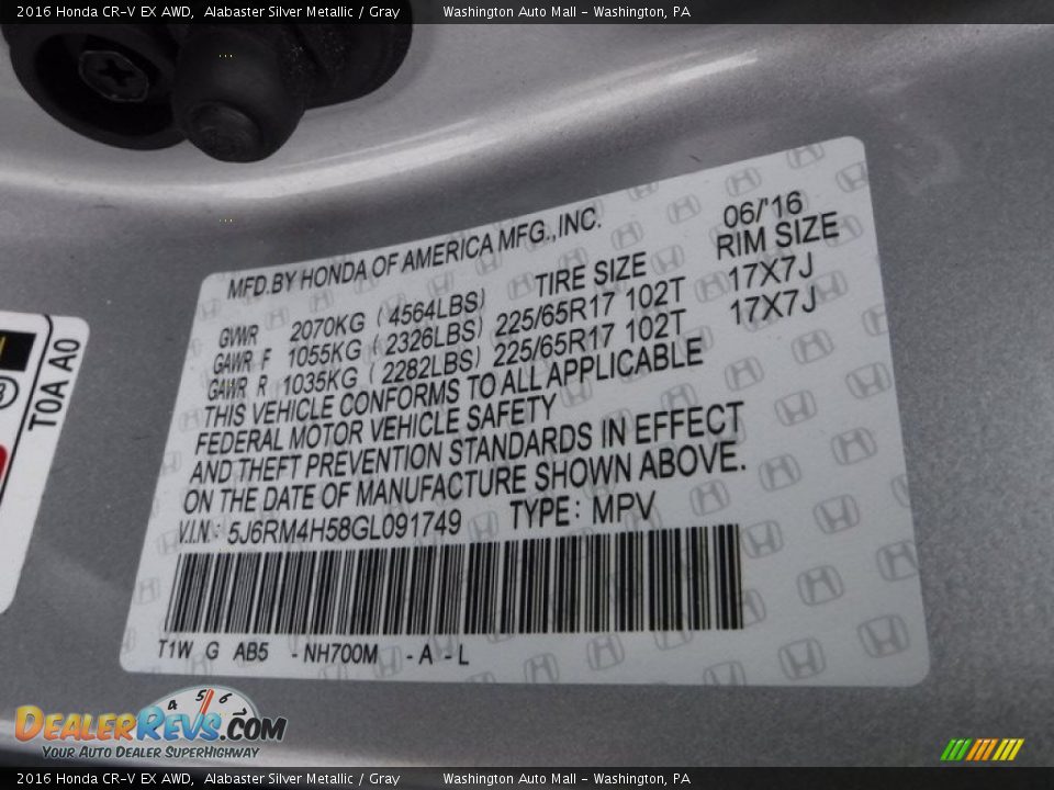 2016 Honda CR-V EX AWD Alabaster Silver Metallic / Gray Photo #27