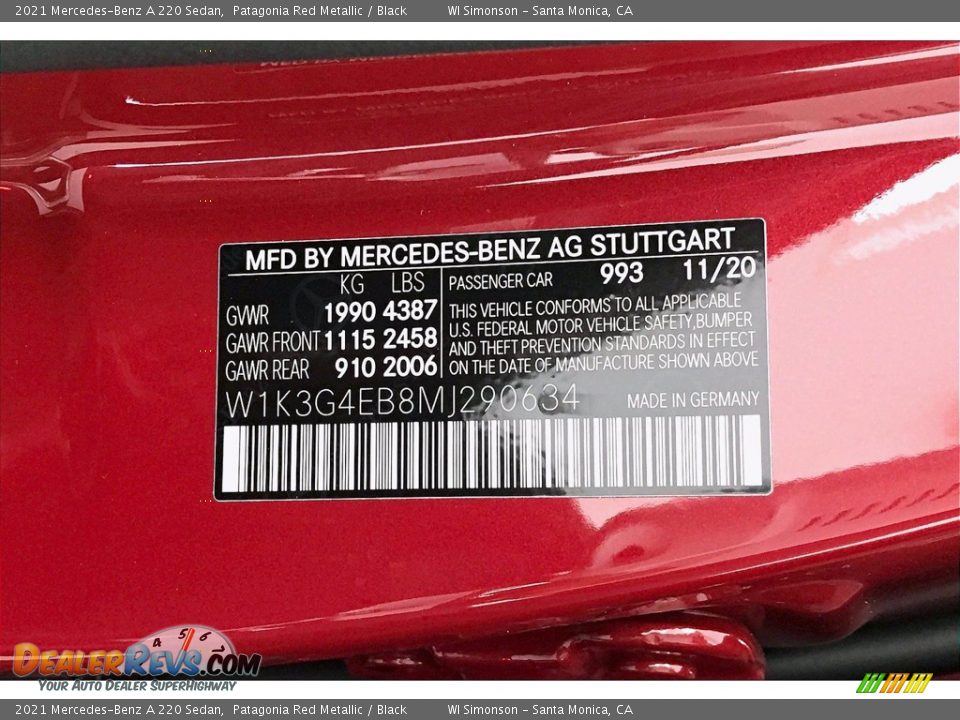 2021 Mercedes-Benz A 220 Sedan Patagonia Red Metallic / Black Photo #10