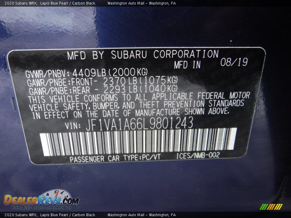 2020 Subaru WRX Lapis Blue Pearl / Carbon Black Photo #24