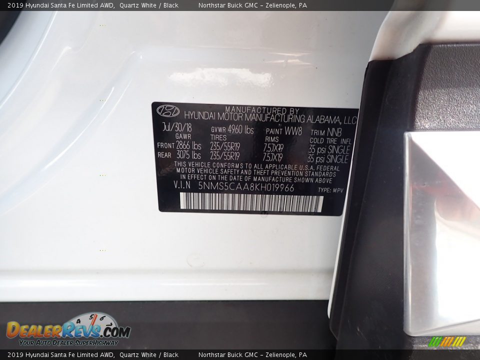 2019 Hyundai Santa Fe Limited AWD Quartz White / Black Photo #16