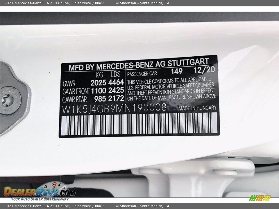2021 Mercedes-Benz CLA 250 Coupe Polar White / Black Photo #10