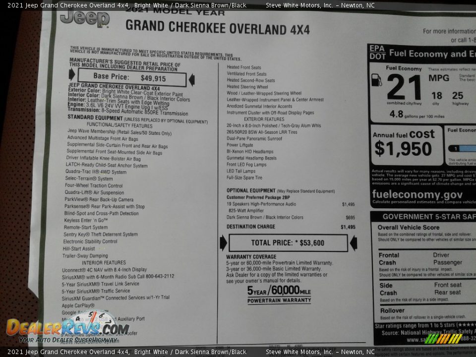 2021 Jeep Grand Cherokee Overland 4x4 Bright White / Dark Sienna Brown/Black Photo #33