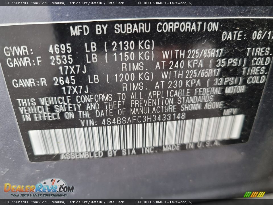 2017 Subaru Outback 2.5i Premium Carbide Gray Metallic / Slate Black Photo #33