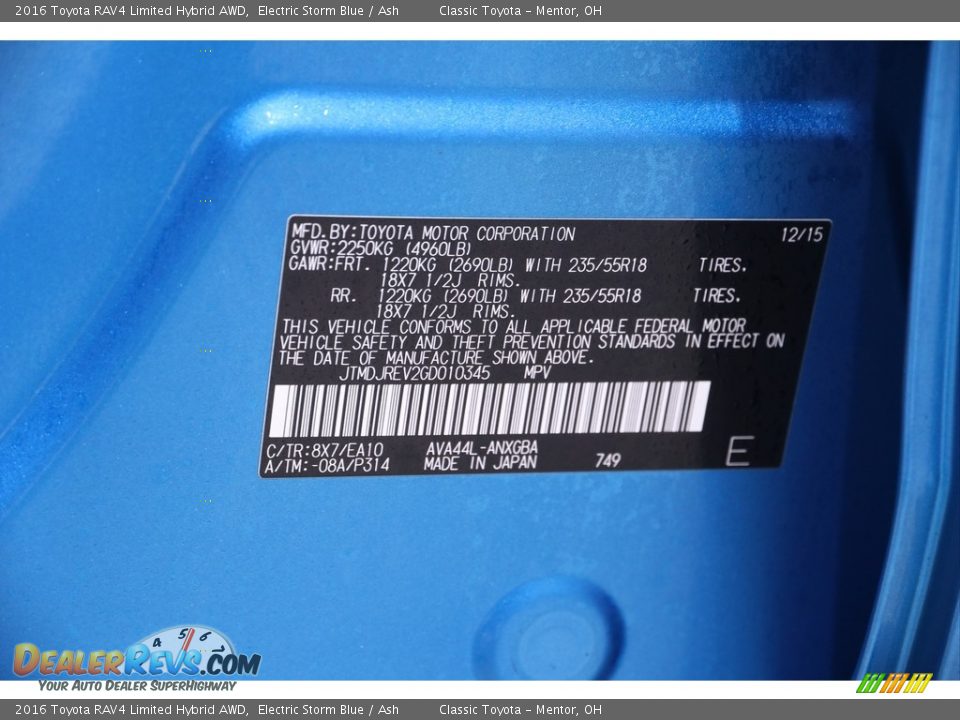 2016 Toyota RAV4 Limited Hybrid AWD Electric Storm Blue / Ash Photo #23