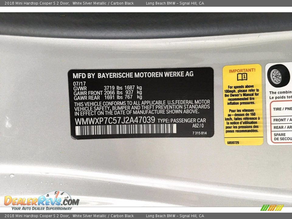 2018 Mini Hardtop Cooper S 2 Door White Silver Metallic / Carbon Black Photo #34