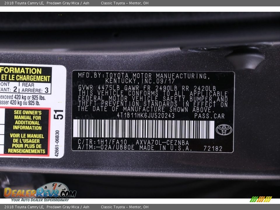 2018 Toyota Camry LE Predawn Gray Mica / Ash Photo #20