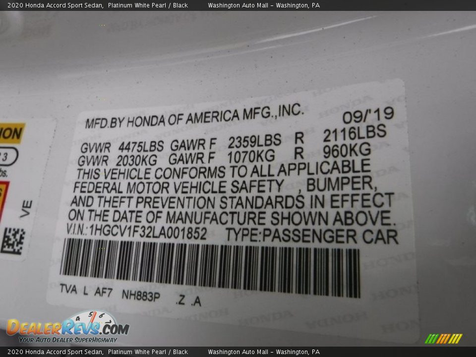 2020 Honda Accord Sport Sedan Platinum White Pearl / Black Photo #24