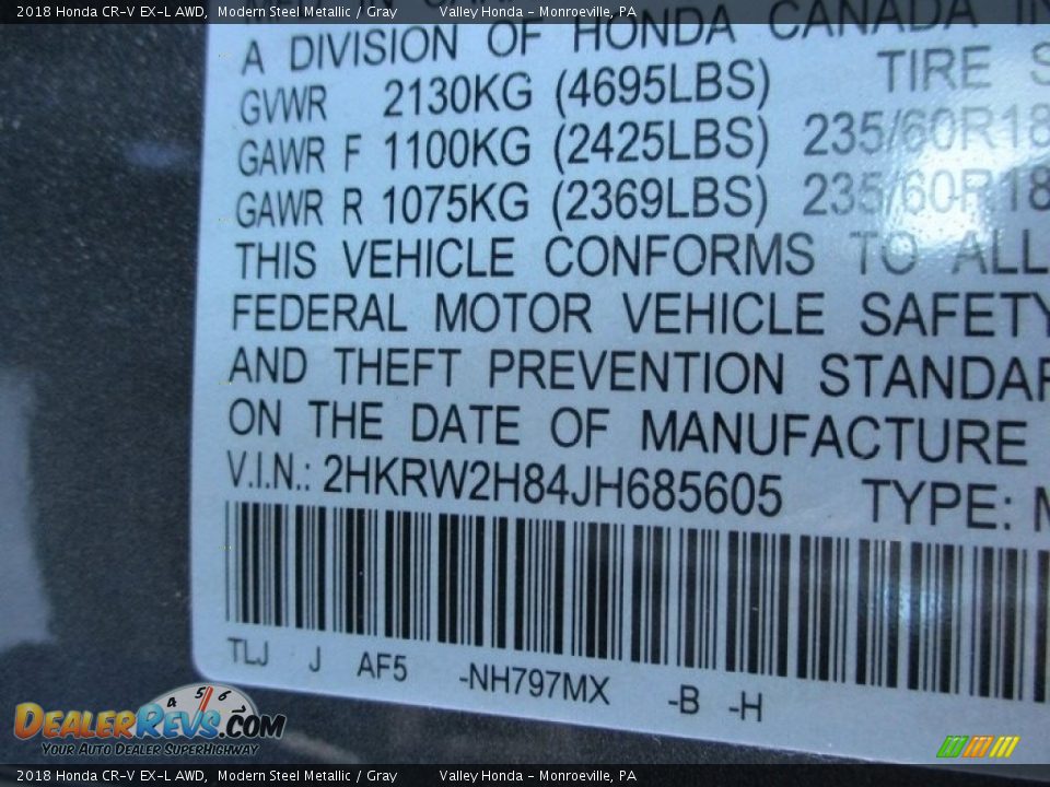 2018 Honda CR-V EX-L AWD Modern Steel Metallic / Gray Photo #19