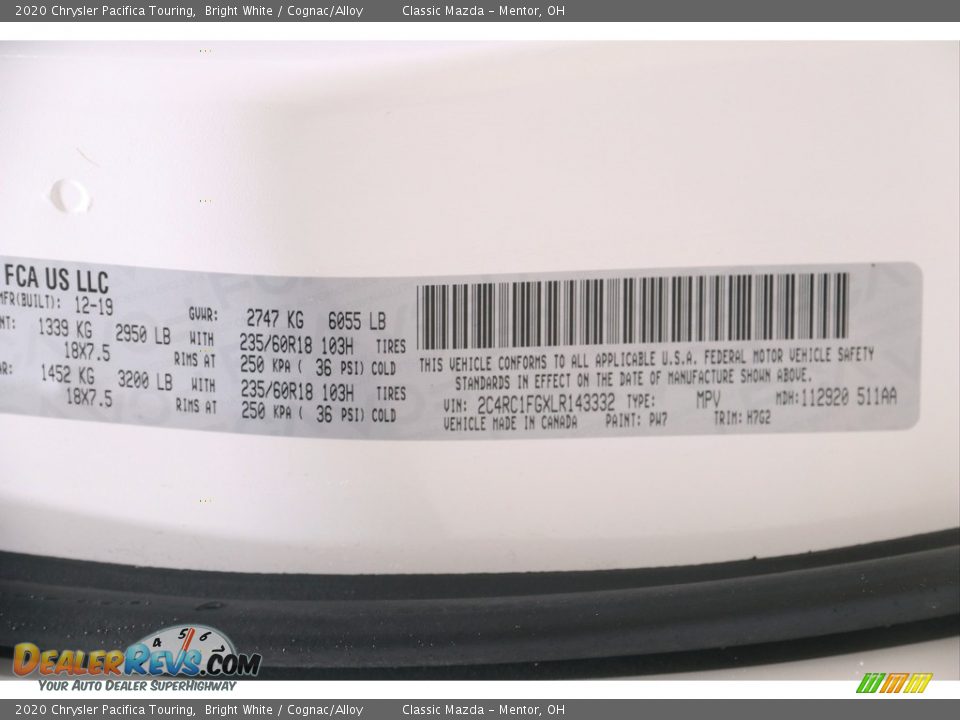 2020 Chrysler Pacifica Touring Bright White / Cognac/Alloy Photo #25