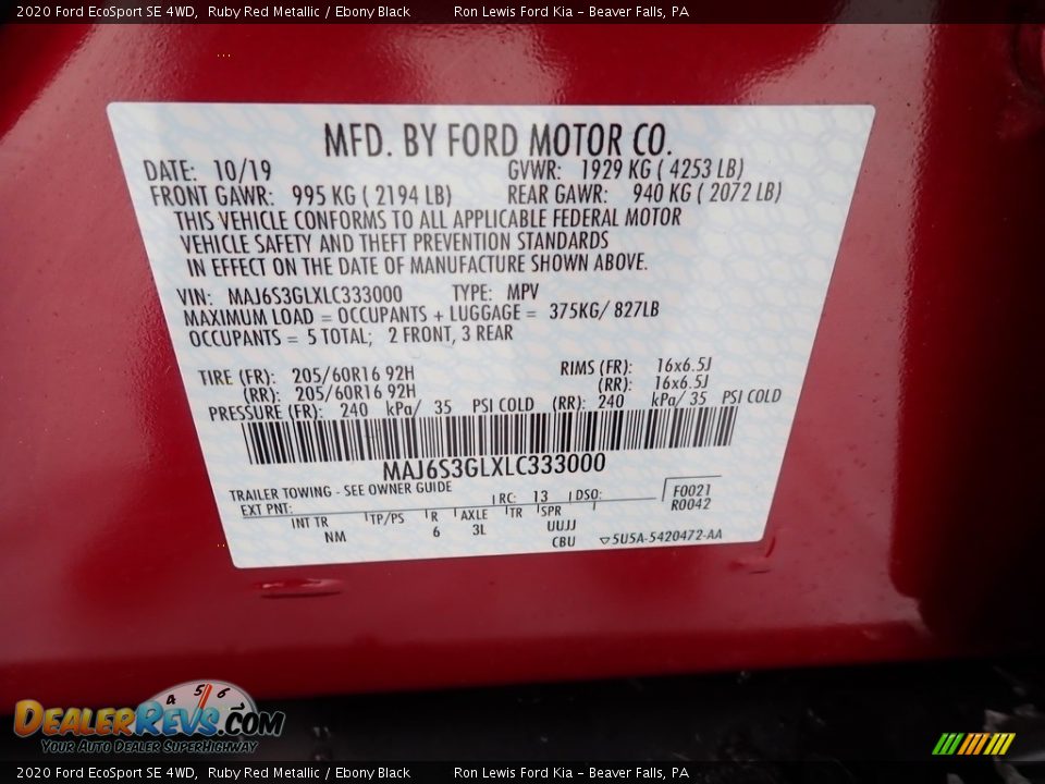 2020 Ford EcoSport SE 4WD Ruby Red Metallic / Ebony Black Photo #14
