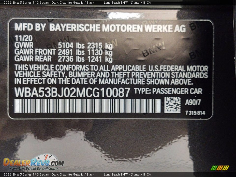 2021 BMW 5 Series 540i Sedan Dark Graphite Metallic / Black Photo #25