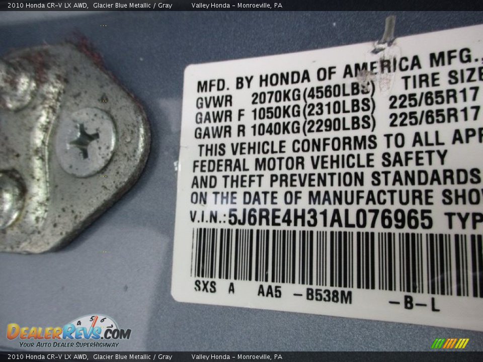 2010 Honda CR-V LX AWD Glacier Blue Metallic / Gray Photo #19