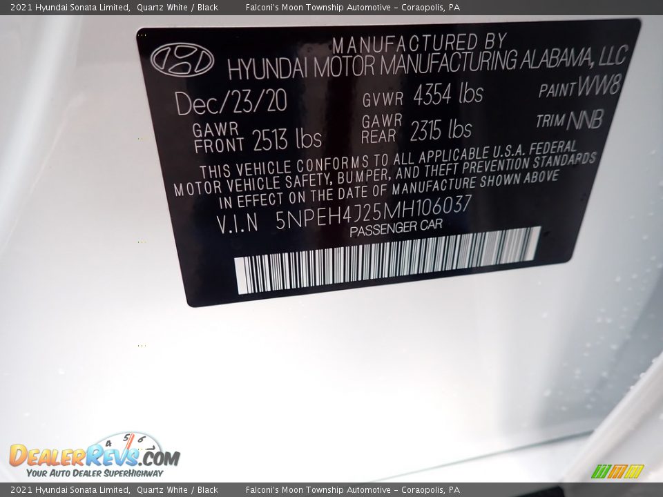 2021 Hyundai Sonata Limited Quartz White / Black Photo #11