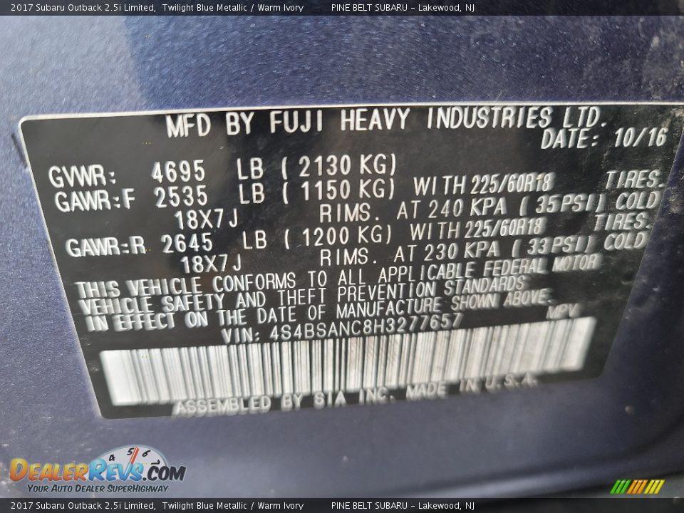 2017 Subaru Outback 2.5i Limited Twilight Blue Metallic / Warm Ivory Photo #36
