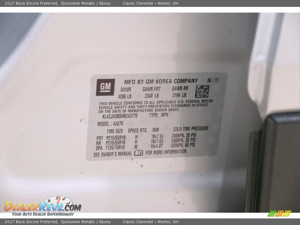 2017 Buick Encore Preferred Quicksilver Metallic / Ebony Photo #18