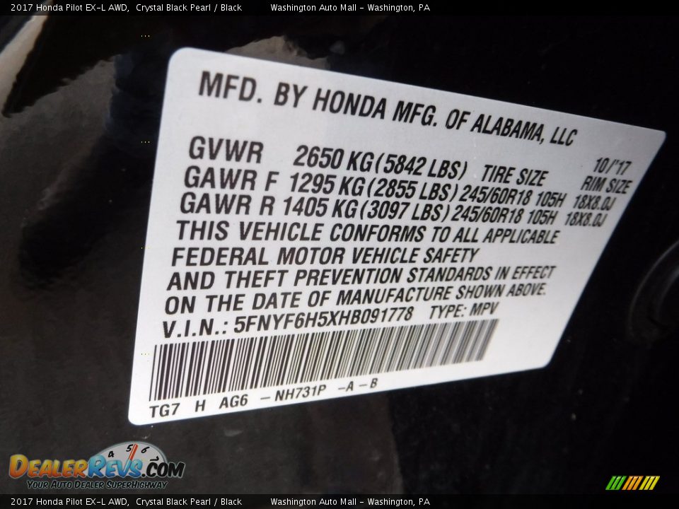 2017 Honda Pilot EX-L AWD Crystal Black Pearl / Black Photo #34