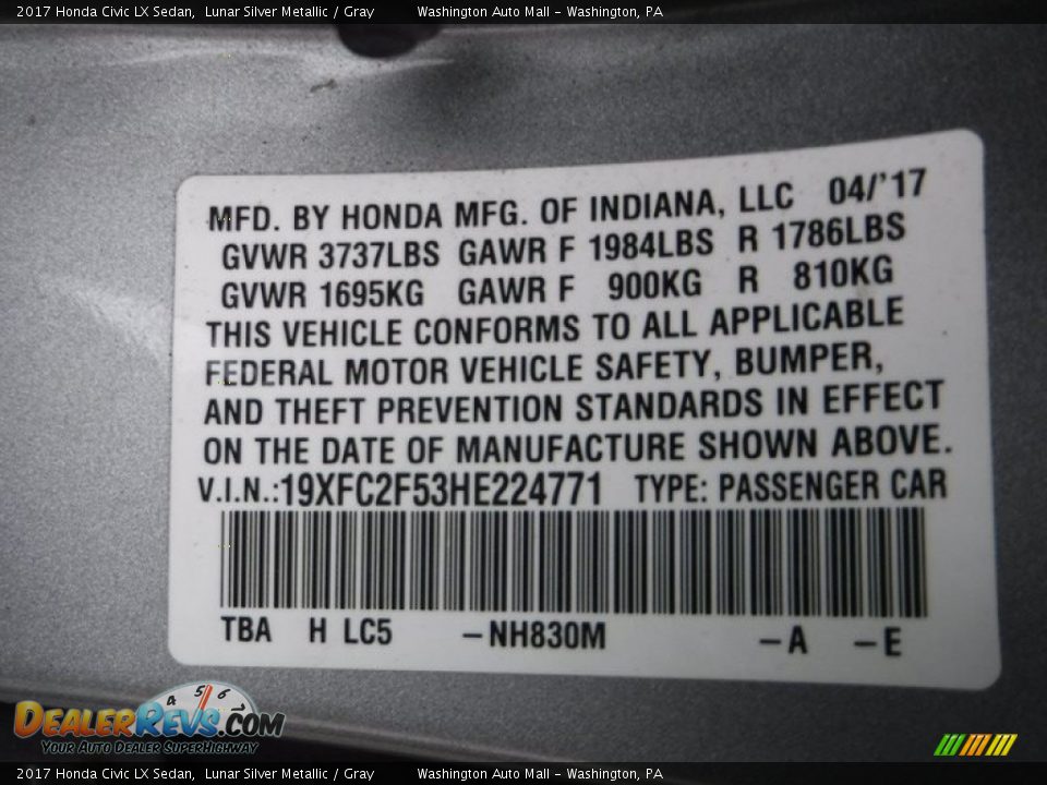 2017 Honda Civic LX Sedan Lunar Silver Metallic / Gray Photo #24