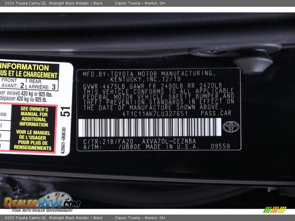 2020 Toyota Camry LE Midnight Black Metallic / Black Photo #20