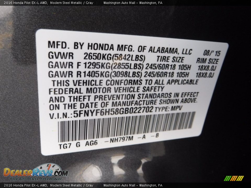 2016 Honda Pilot EX-L AWD Modern Steel Metallic / Gray Photo #32