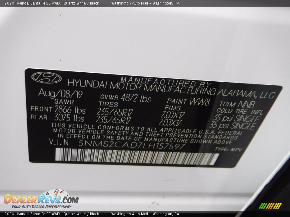 2020 Hyundai Santa Fe SE AWD Quartz White / Black Photo #26