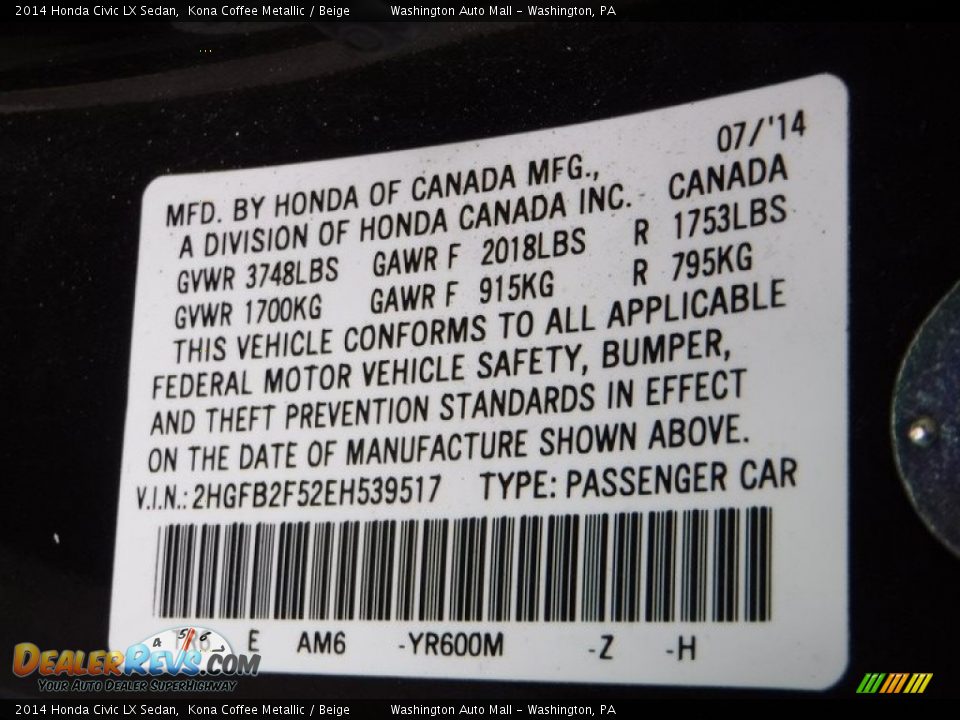 2014 Honda Civic LX Sedan Kona Coffee Metallic / Beige Photo #24