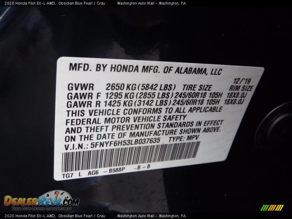 2020 Honda Pilot EX-L AWD Obsidian Blue Pearl / Gray Photo #32