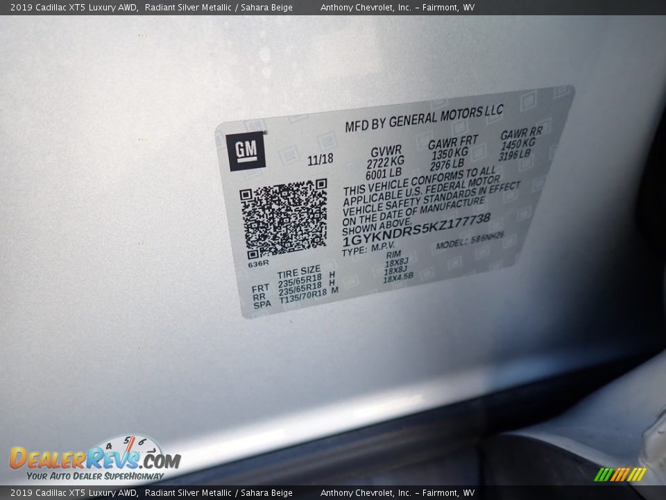 2019 Cadillac XT5 Luxury AWD Radiant Silver Metallic / Sahara Beige Photo #14