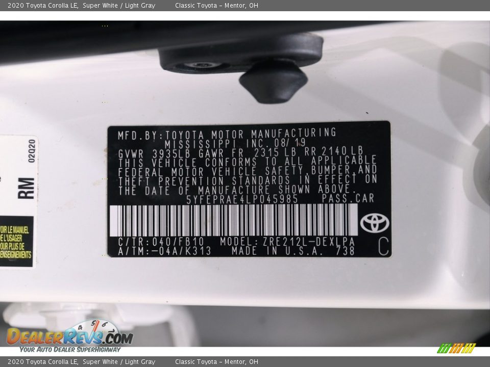 2020 Toyota Corolla LE Super White / Light Gray Photo #19