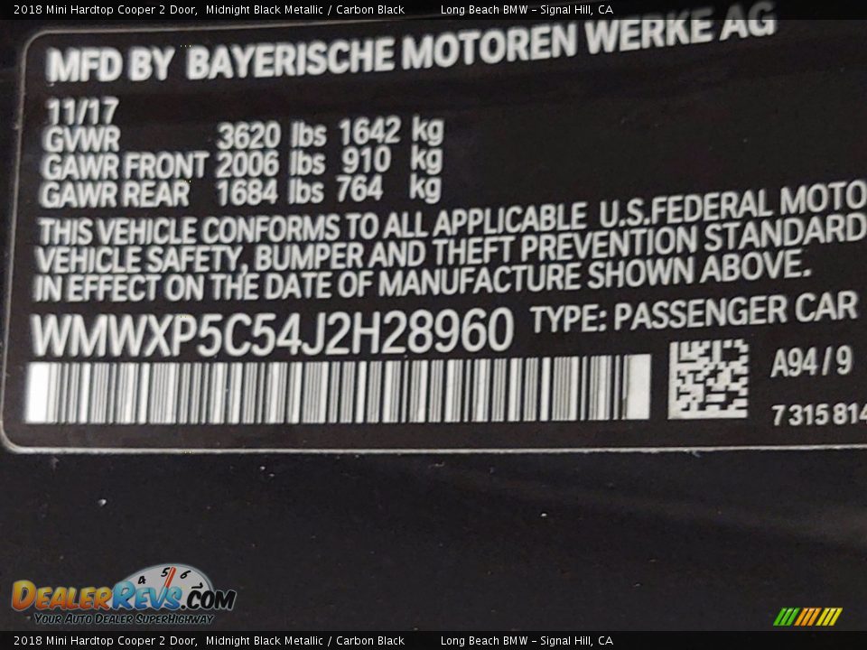 2018 Mini Hardtop Cooper 2 Door Midnight Black Metallic / Carbon Black Photo #34