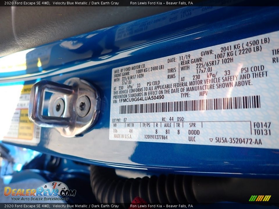 2020 Ford Escape SE 4WD Velocity Blue Metallic / Dark Earth Gray Photo #15