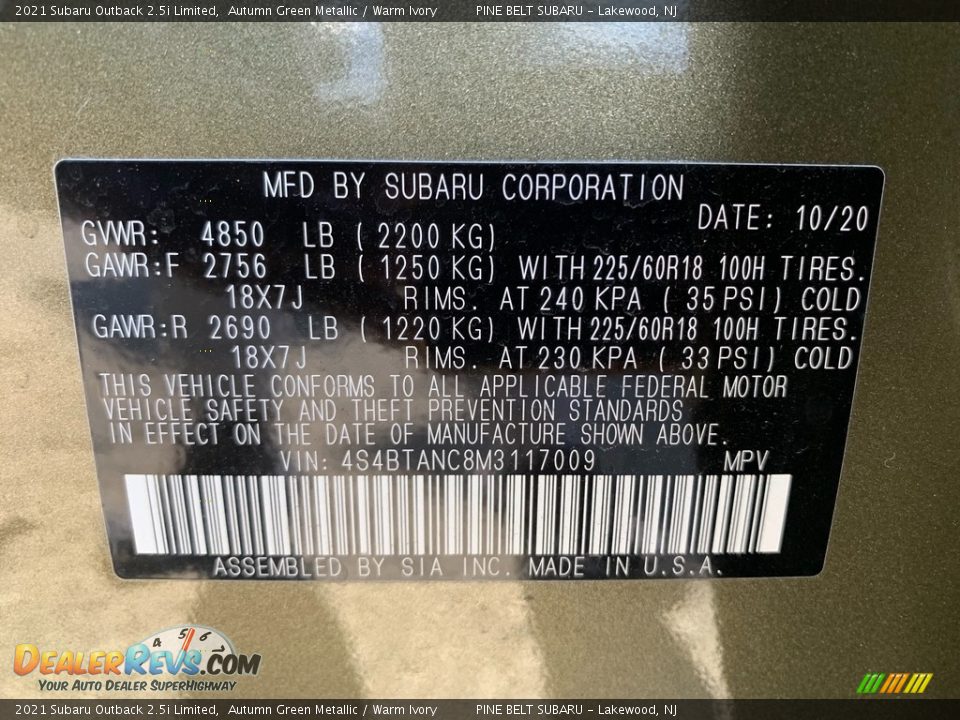 2021 Subaru Outback 2.5i Limited Autumn Green Metallic / Warm Ivory Photo #14