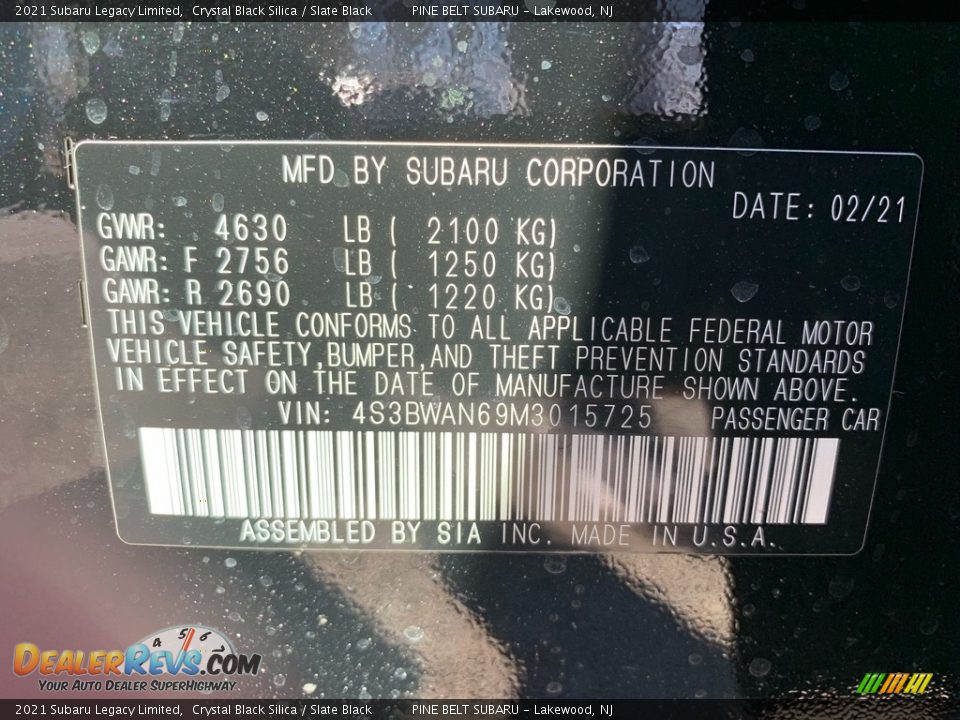 2021 Subaru Legacy Limited Crystal Black Silica / Slate Black Photo #14