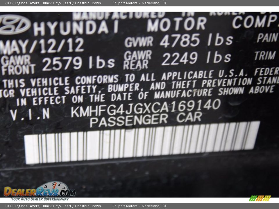 2012 Hyundai Azera Black Onyx Pearl / Chestnut Brown Photo #30