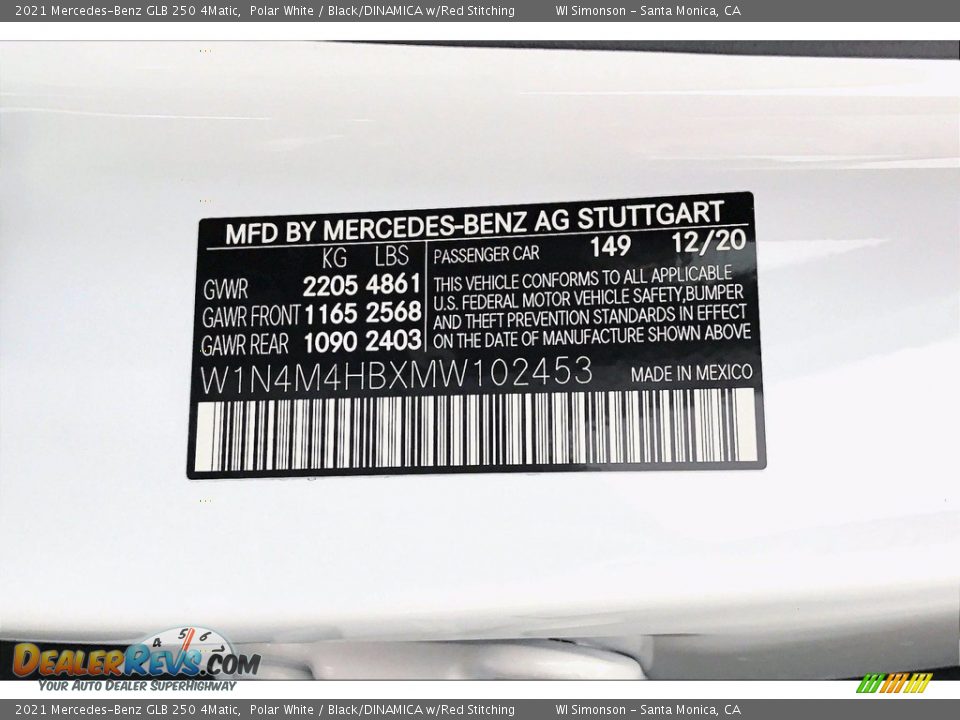 2021 Mercedes-Benz GLB 250 4Matic Polar White / Black/DINAMICA w/Red Stitching Photo #10