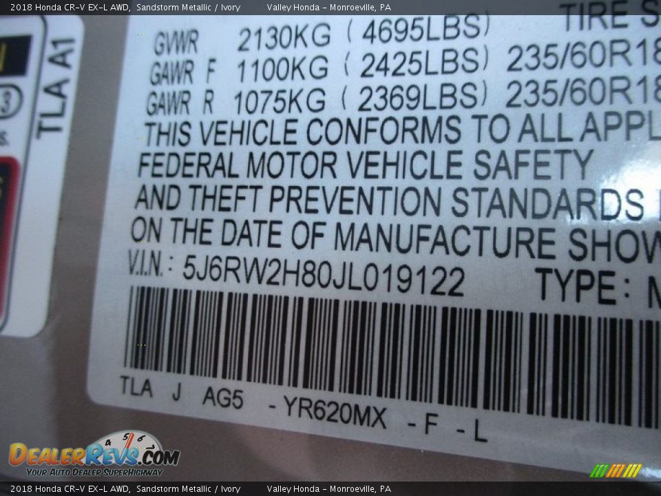 2018 Honda CR-V EX-L AWD Sandstorm Metallic / Ivory Photo #19