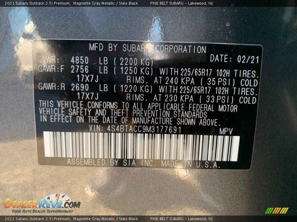 2021 Subaru Outback 2.5i Premium Magnetite Gray Metallic / Slate Black Photo #14
