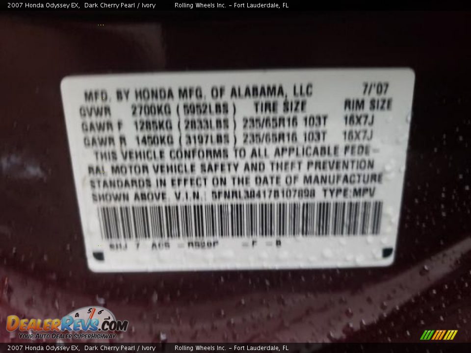 2007 Honda Odyssey EX Dark Cherry Pearl / Ivory Photo #7