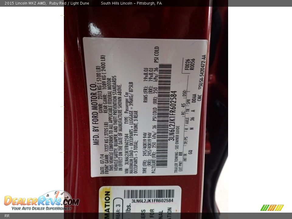Lincoln Color Code RR Ruby Red