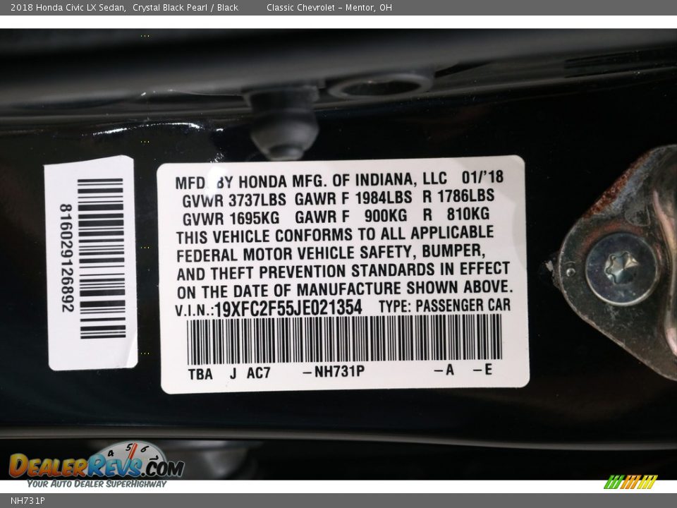 Honda Color Code NH731P Crystal Black Pearl